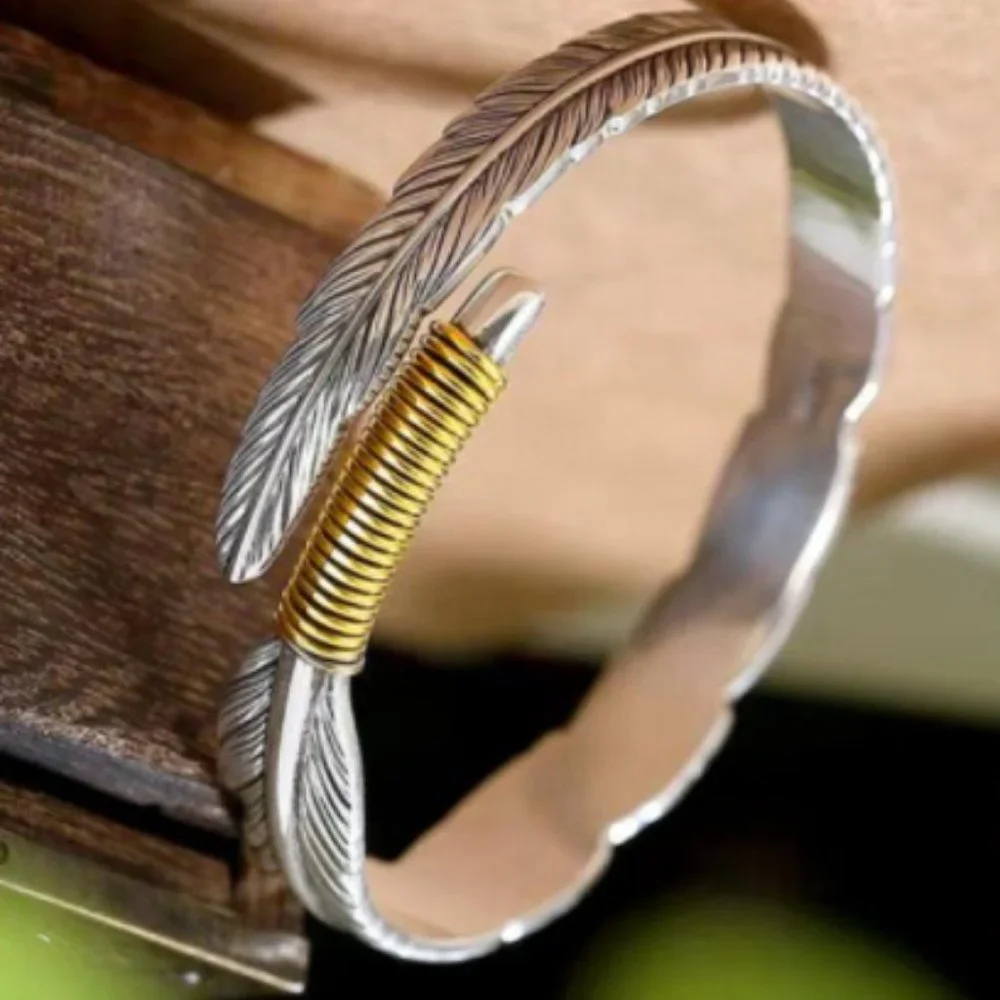 Takahashi Goro's Handmade Silver Golden Feather Cuff Bracelet Bangle Han…